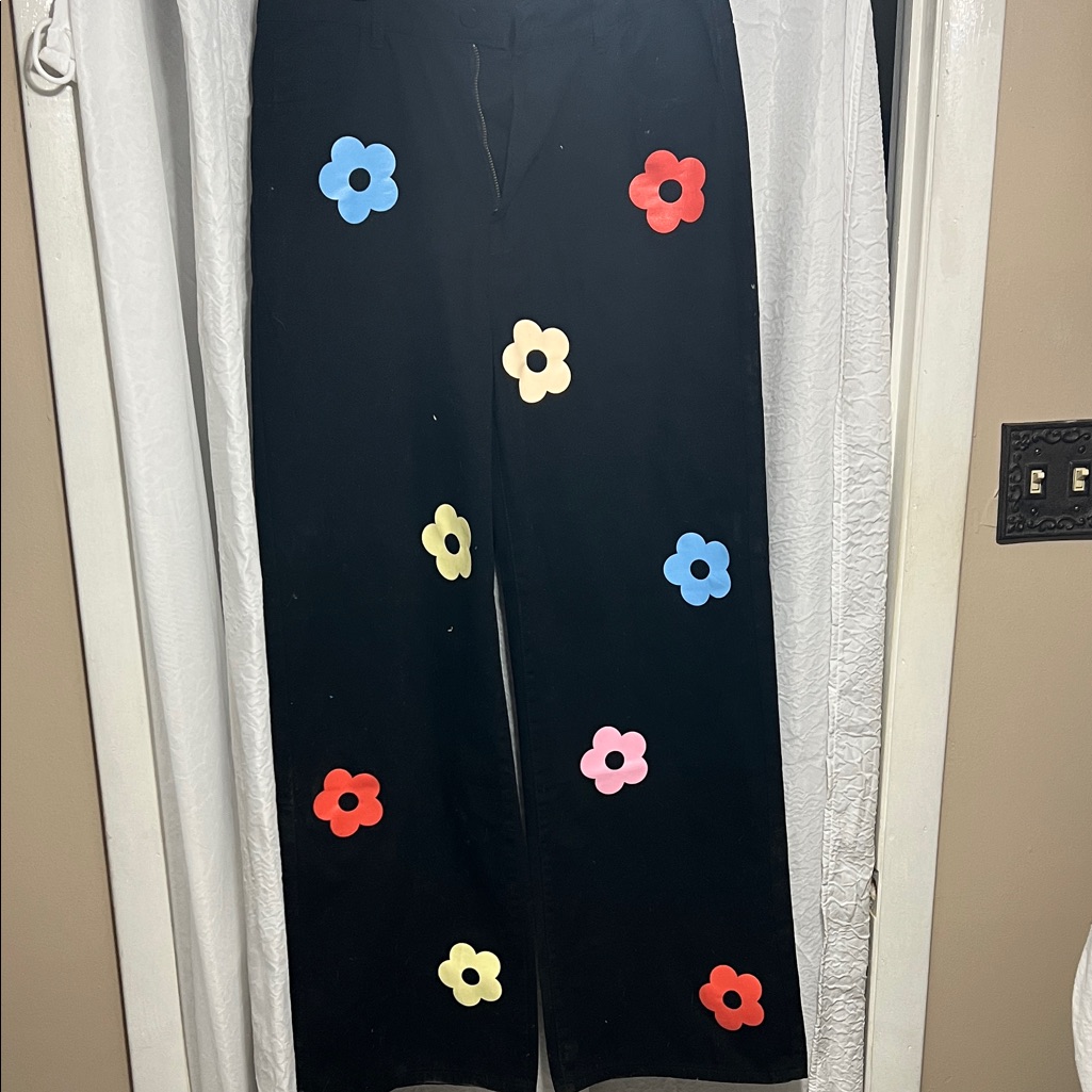 Cider Black Pants With Multicolor Floral Design